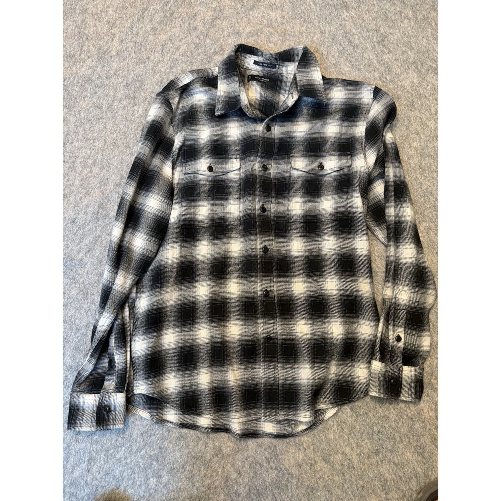 Lucky Brand Mens L Flannel Shirt Black Cream Plaid 100% Cotton Workwear Classic